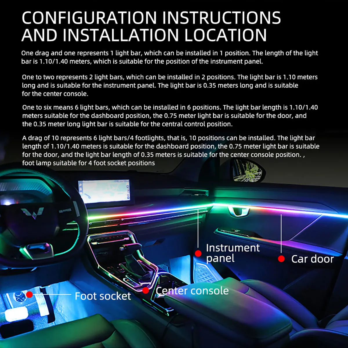 Luces Ambiente para Auto KEVANLY 10 en 1 – RGB con App, Control Remoto y Encendedor para Tesla y Autos Universales