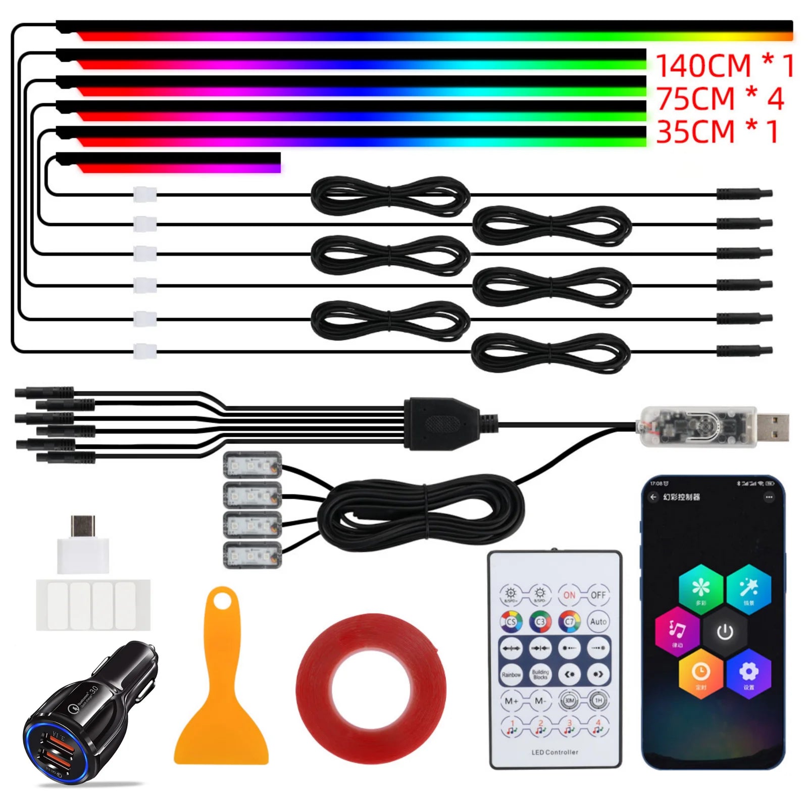 Luces Ambiente para Auto KEVANLY 10 en 1 – RGB con App, Control Remoto y Encendedor para Tesla y Autos Universales