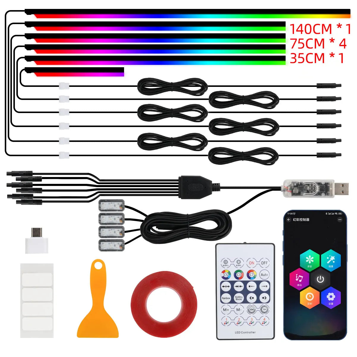 Luces Ambiente para Auto KEVANLY 10 en 1 – RGB con App, Control Remoto y Encendedor para Tesla y Autos Universales