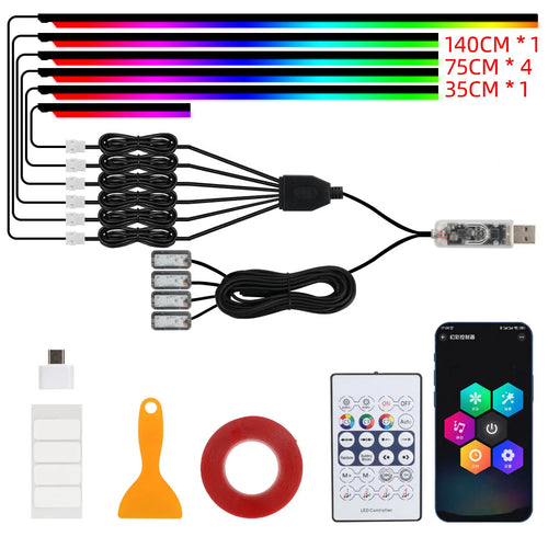 Luces Ambiente para Auto KEVANLY 10 en 1 – RGB con App, Control Remoto y Encendedor para Tesla y Autos Universales